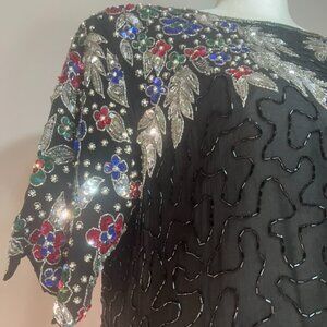 RARE NWT Vintage Cee Cee Black Silk Floral Beaded Sequin Dress Cruise Wear